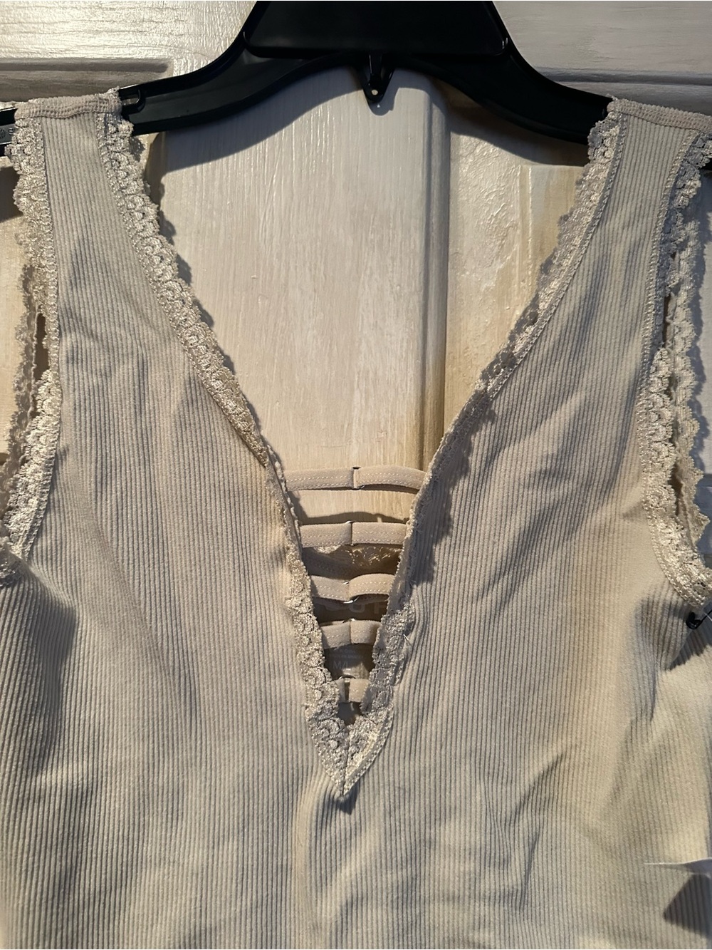 Express Cream Ribbed Tank with Lace Trim and Strappy V Detail